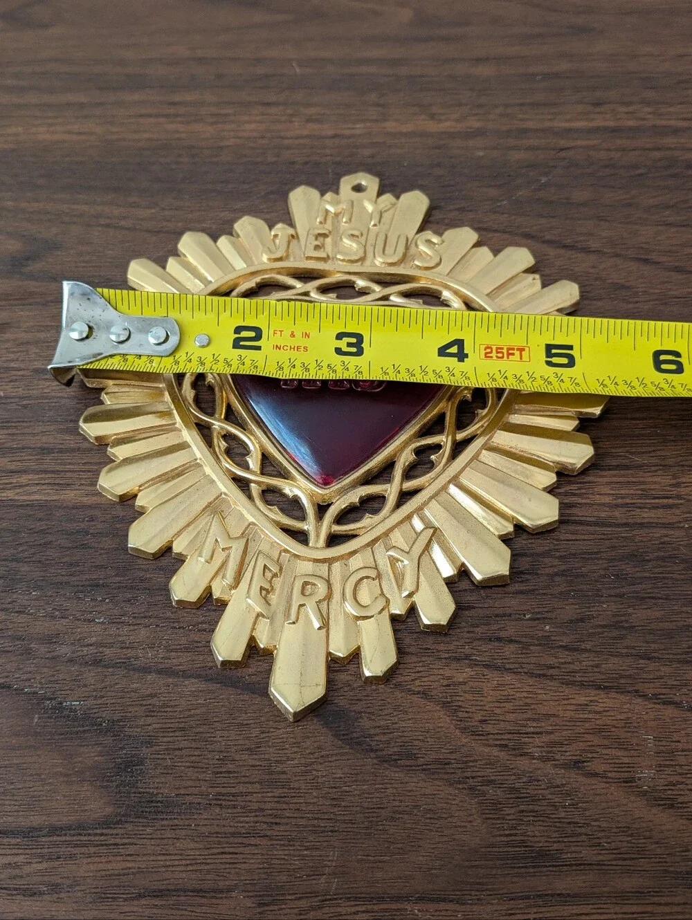Vintage 1950's Brass Ex Voto My Jesus IHS Mercy Plaque Red Heart Wall Hanging